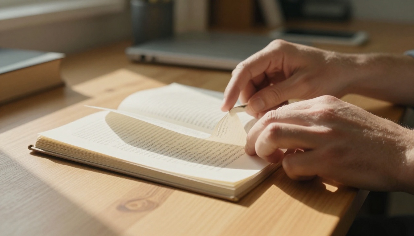 Hands gently turning pages of a printed booklet on a wooden desk in warm afternoon light