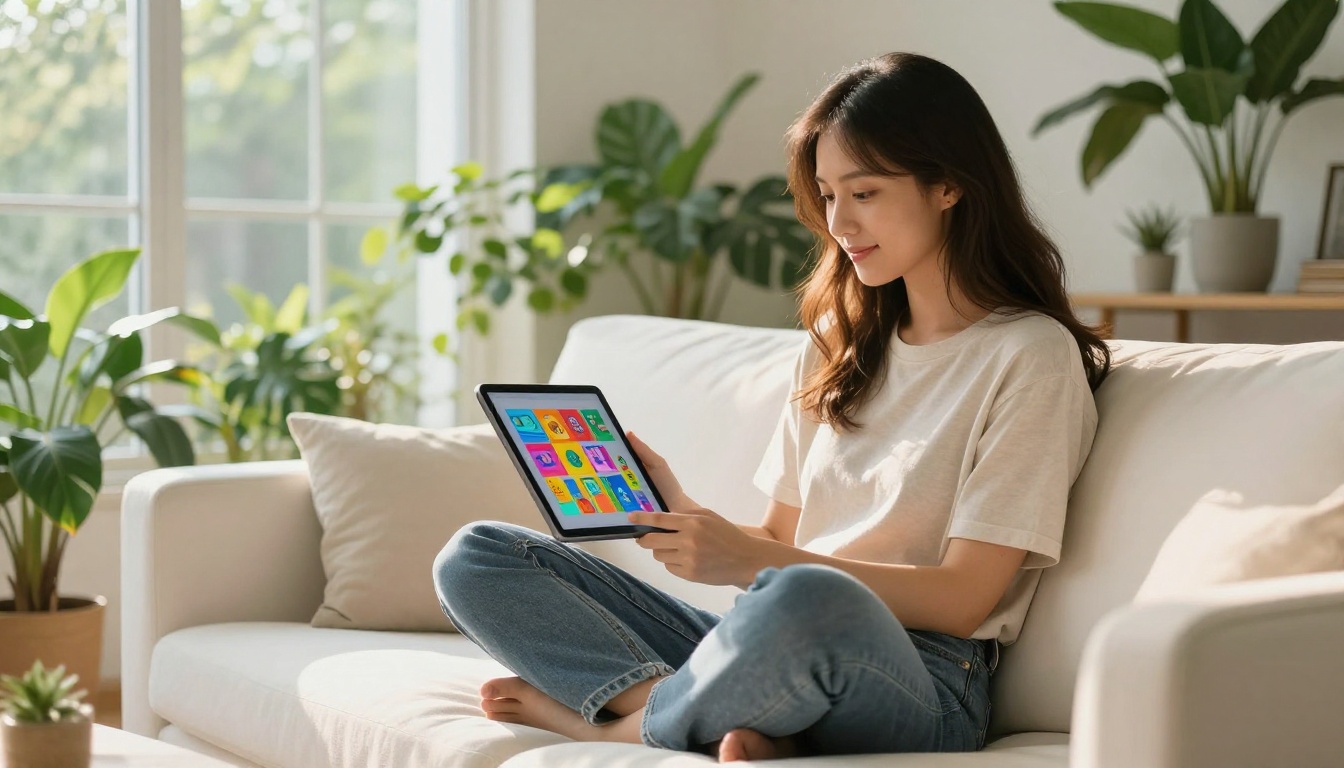 Young woman on a white modern sofa holding a tablet showing colorful digital flipbook pages