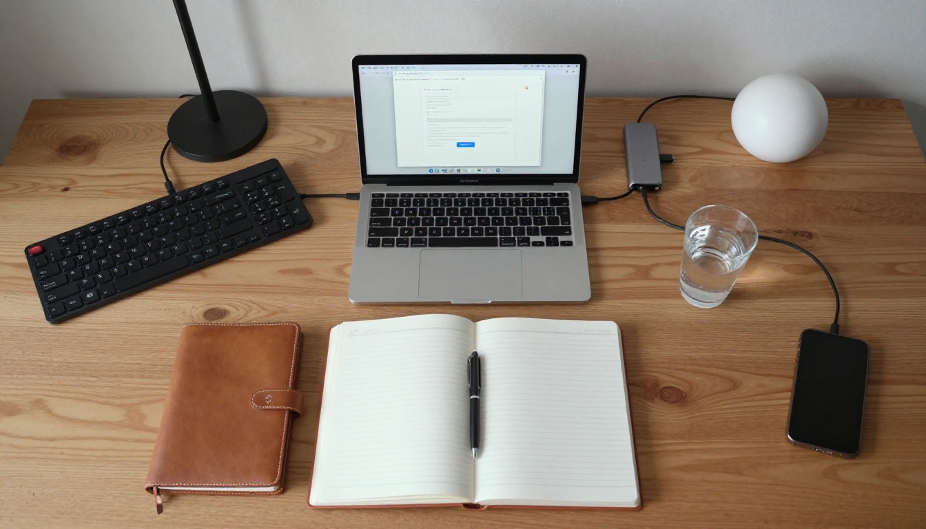 Aerial flat-lay of a desk with a MacBook showing a PDF upload screen in a browser Aerial flat-lay of a desk with a MacBook showing a PDF upload screen in a browser