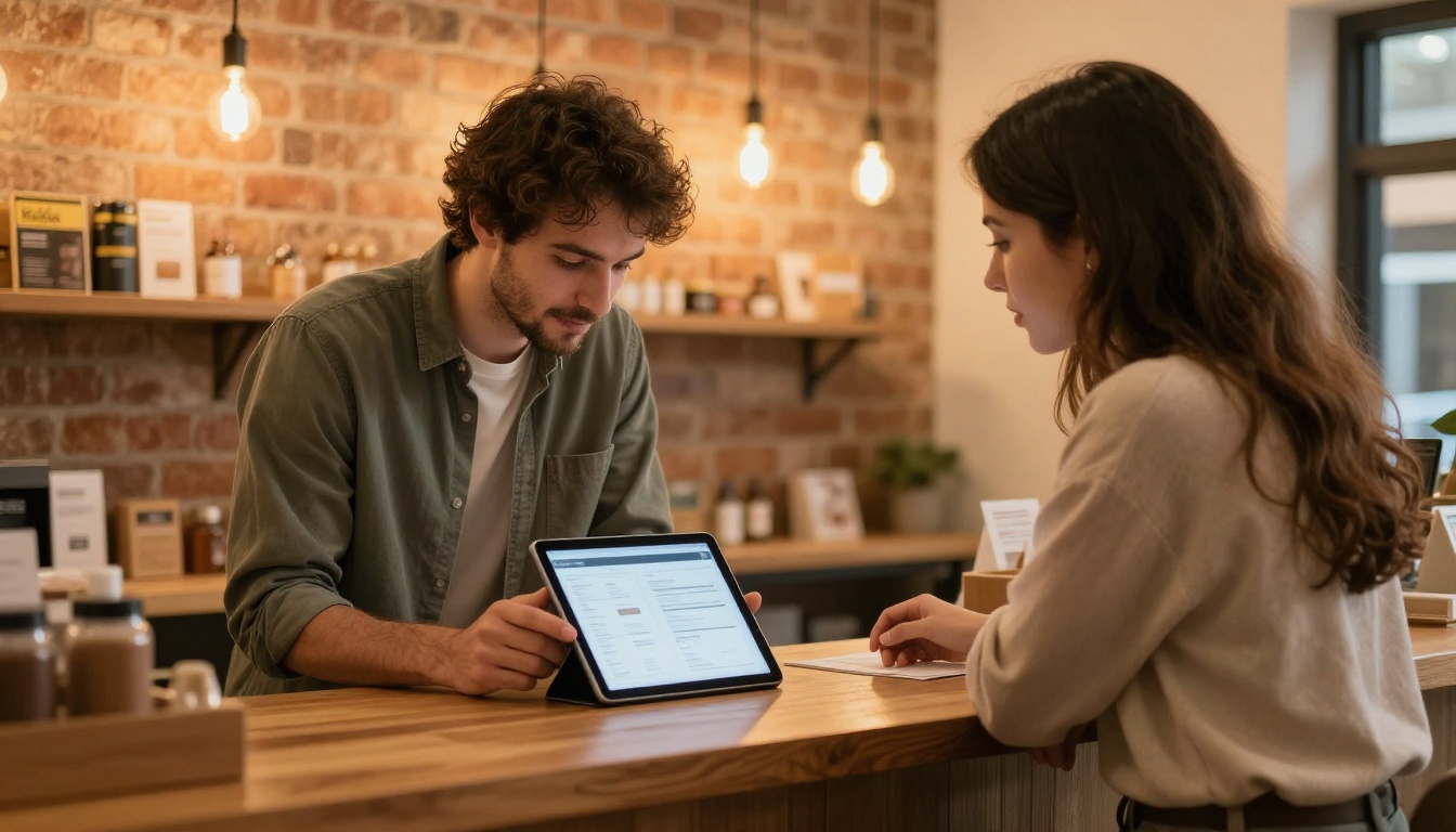 Small business owner showing a digital product catalog on a tablet to a customer in a warm boutique