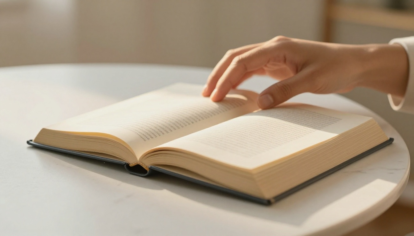 A hardcover book page caught mid-turn on a white marble table in warm golden afternoon light A hardcover book page caught mid-turn on a white marble table in warm golden afternoon light