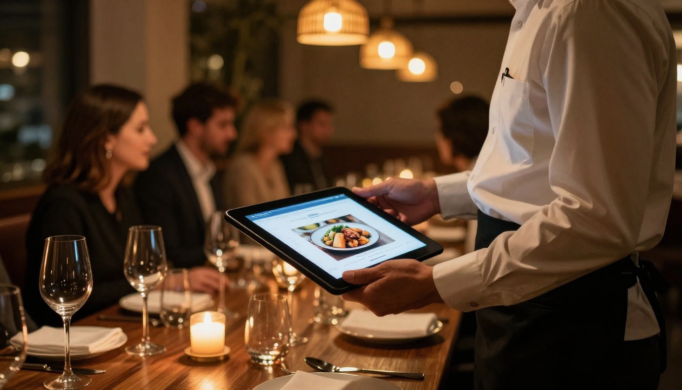 Professional waiter presenting a digital menu on a tablet to dinner guests in a warm candlelit restaurant