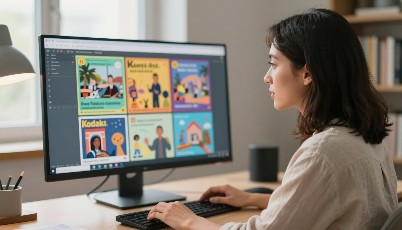 Woman viewing a colorful digital flipbook on a large widescreen monitor at her desk Woman viewing a colorful digital flipbook on a large widescreen monitor at her desk