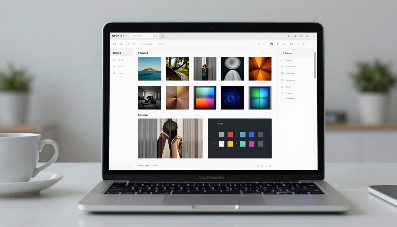 Low-angle dramatic view of a laptop screen showing a digital flipbook customization panel with color pickers