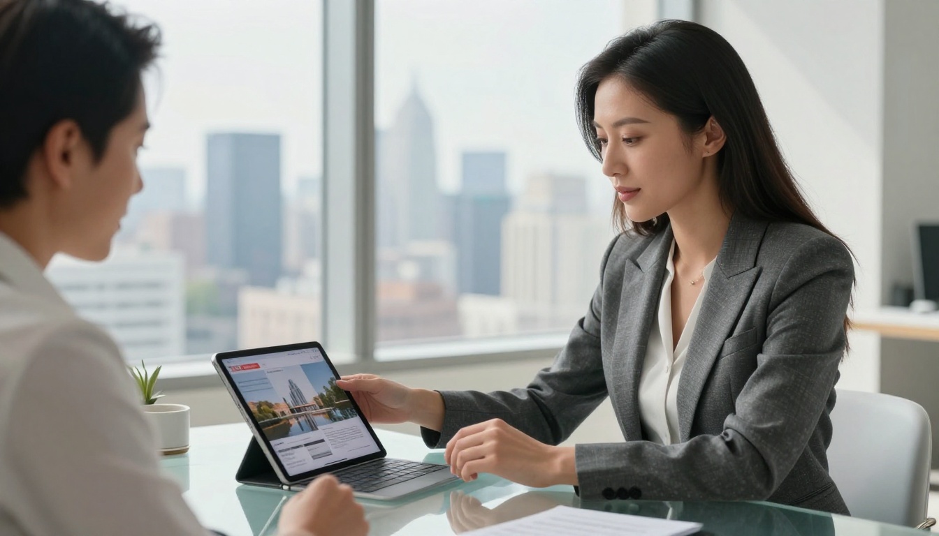 Female real estate agent showing a luxury property flipbook on a tablet to clients in a bright modern office