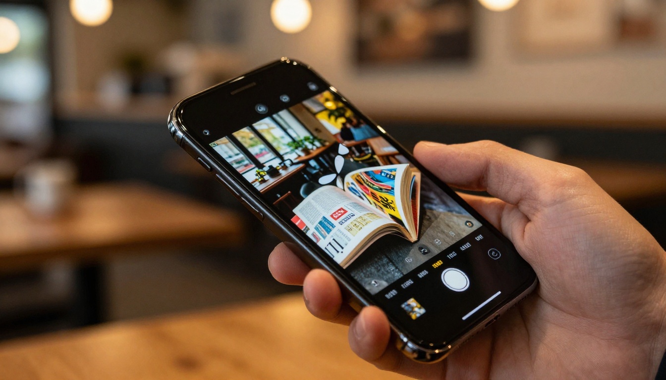 Close-up of a smartphone held in one hand showing a digital flipbook page-turn animation in a warm coffee shop setting