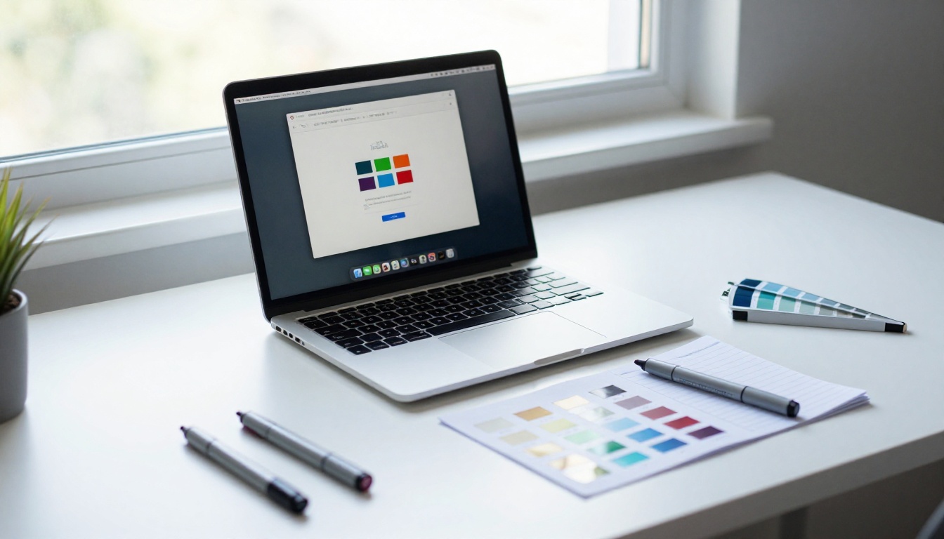 Laptop showing a customization interface with color swatches and a printed brand style guide on the desk beside it Laptop showing a customization interface with color swatches and a printed brand style guide on the desk beside it