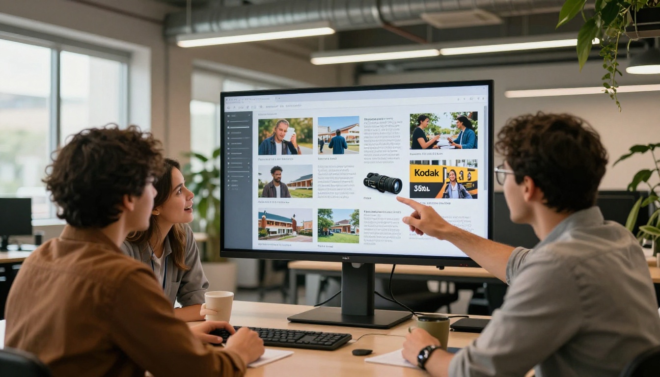 A diverse group of three colleagues reviewing a digital flipbook on a large monitor in a modern co-working space