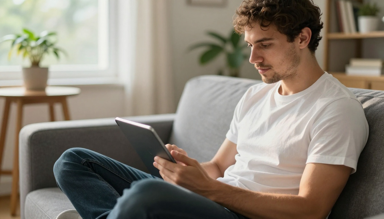 Man sitting cross-legged on a gray couch, reading a digital flipbook on a tablet in a warm home setting with a houseplant visible in the background