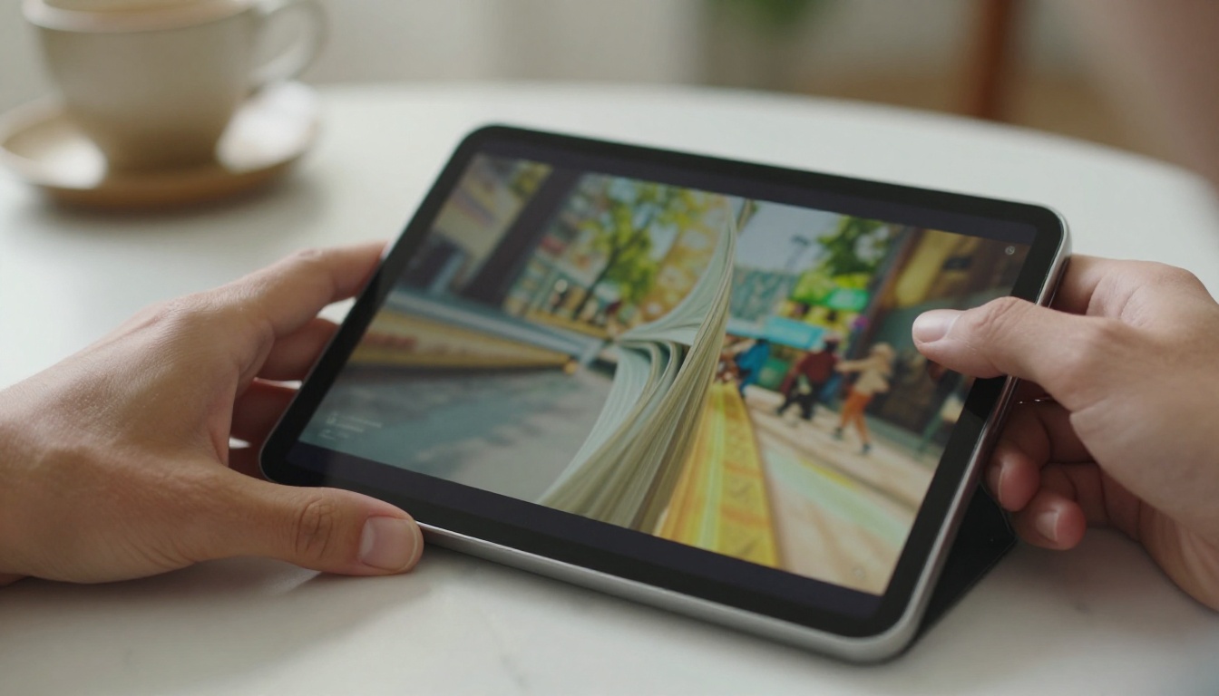Hands holding a tablet displaying a digital flipbook with a page mid-curl animation