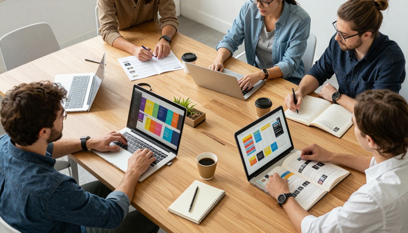 Aerial view of a marketing team reviewing digital catalogs on devices around a conference table
