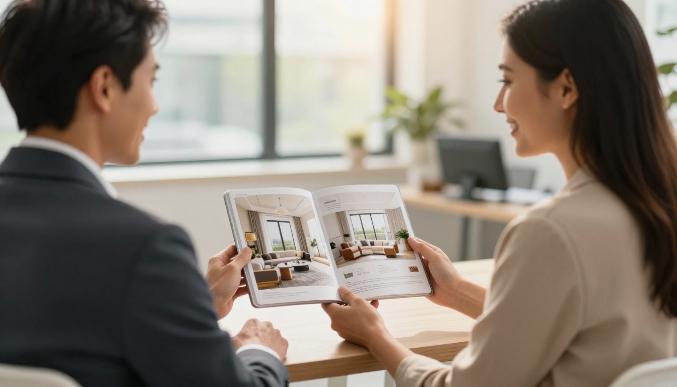 A smiling real estate agent showing a digital property brochure flipbook to clients on an iPad A smiling real estate agent showing a digital property brochure flipbook to clients on an iPad