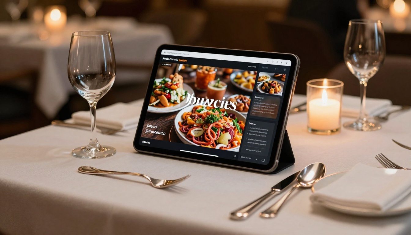 An elegant restaurant table with a tablet propped up displaying a digital menu flipbook An elegant restaurant table with a tablet propped up displaying a digital menu flipbook