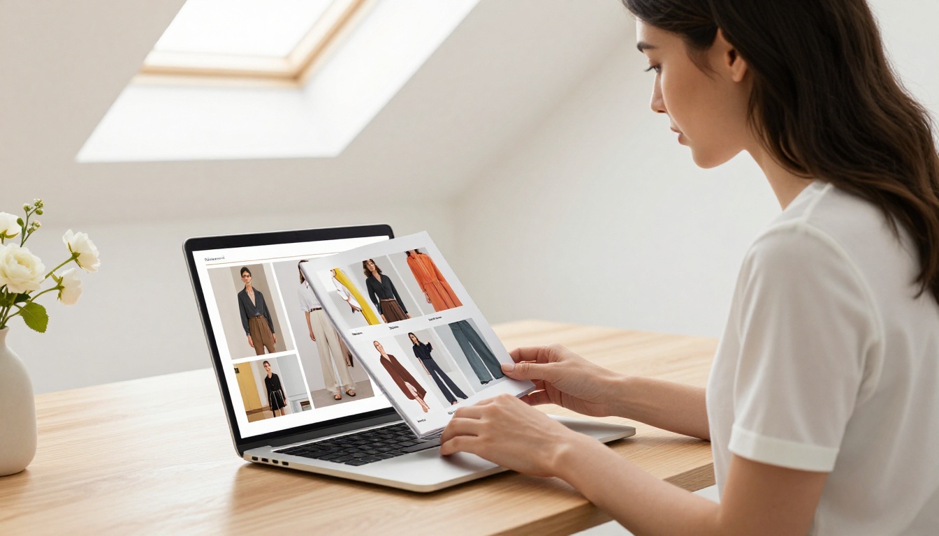 A stylish woman browsing a fashion catalog flipbook on a laptop in a bright studio A stylish woman browsing a fashion catalog flipbook on a laptop in a bright studio
