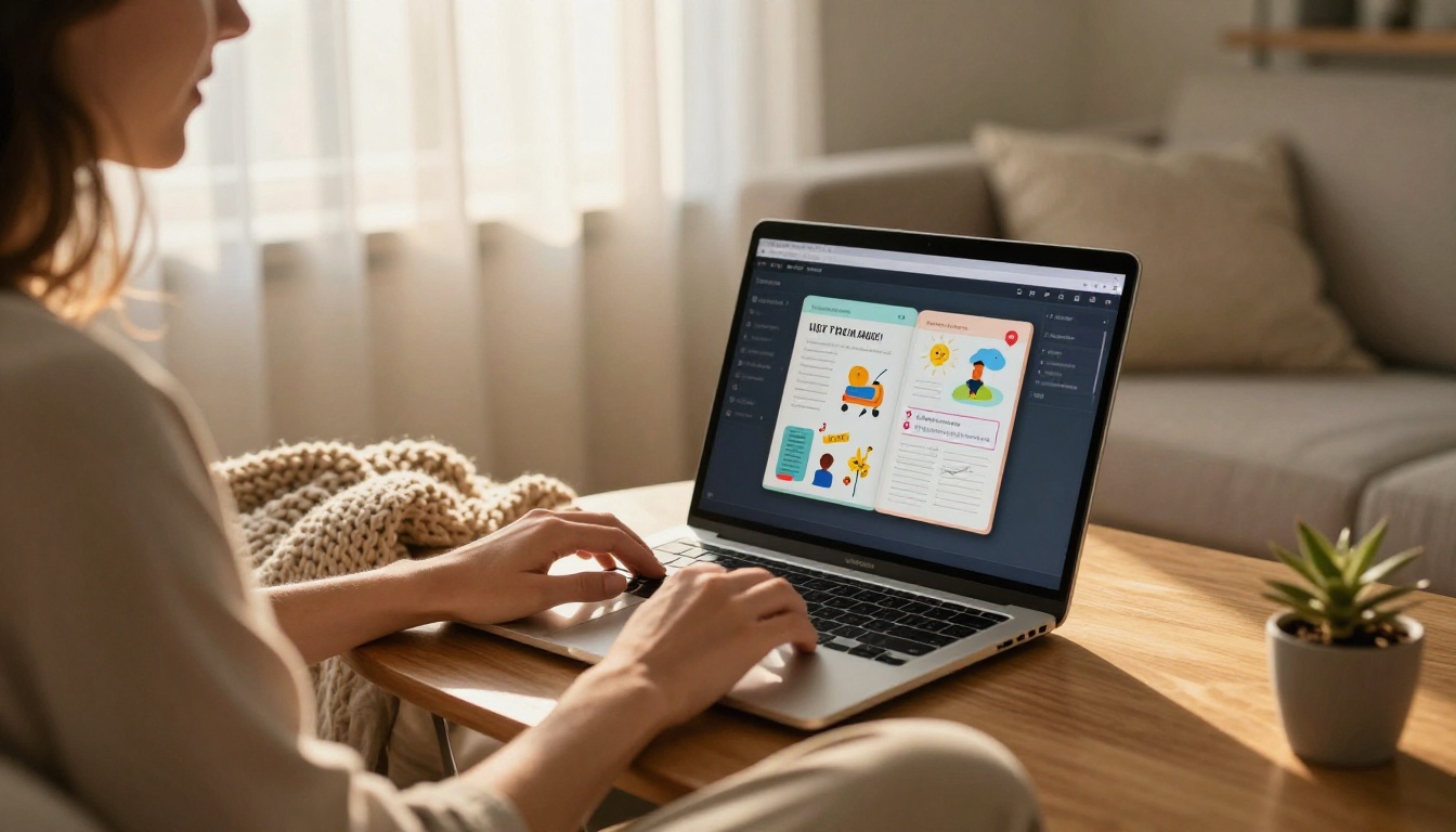 A person sharing digital content from a laptop in a warm, cozy living room A person sharing digital content from a laptop in a warm, cozy living room