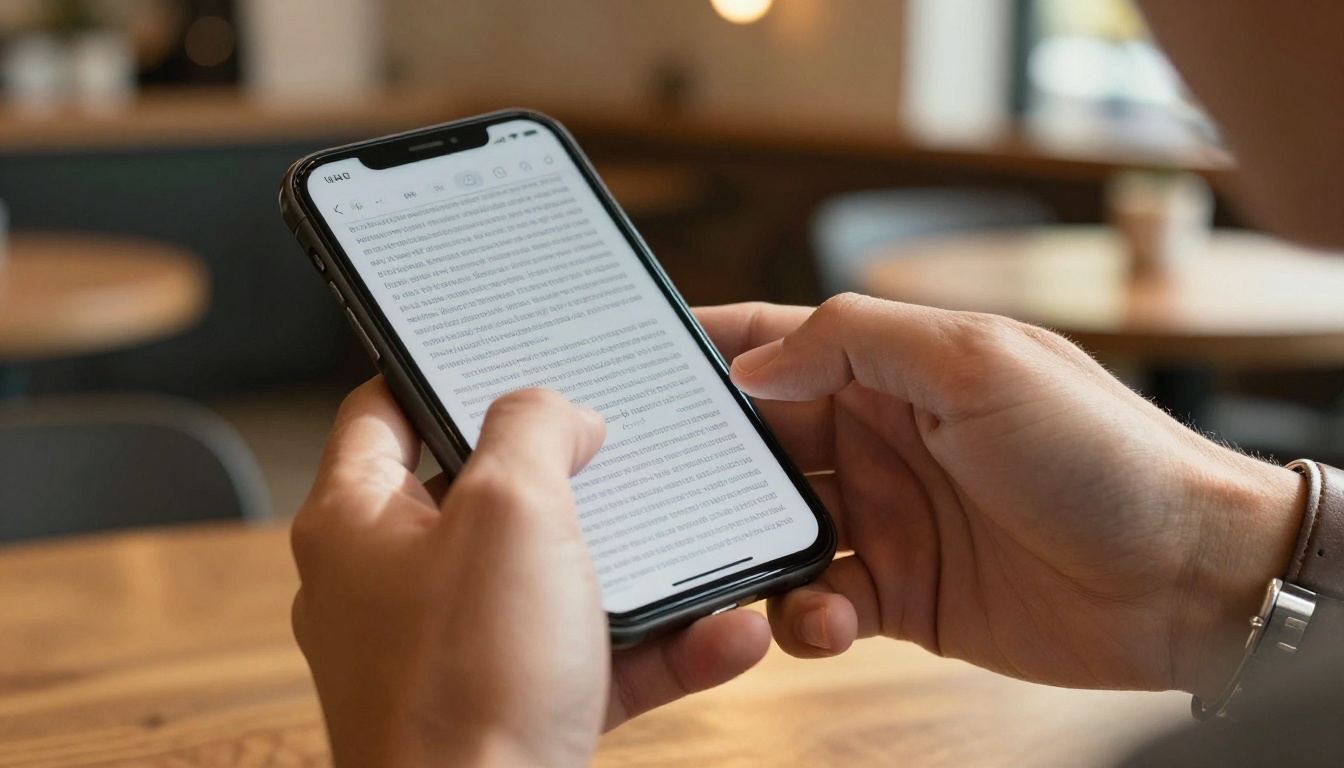 Man struggling to read a PDF document on a smartphone, pinching to zoom