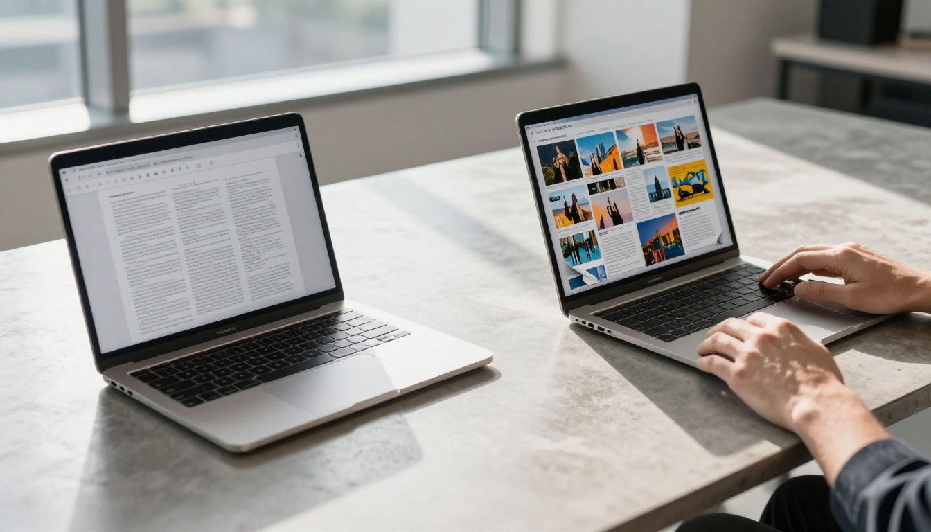 Two laptops side by side comparing a static PDF to a vivid interactive flipbook