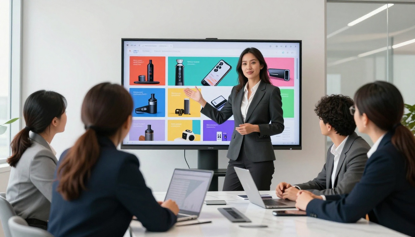 Business presenter showing an interactive flipbook on a wall-mounted monitor to colleagues