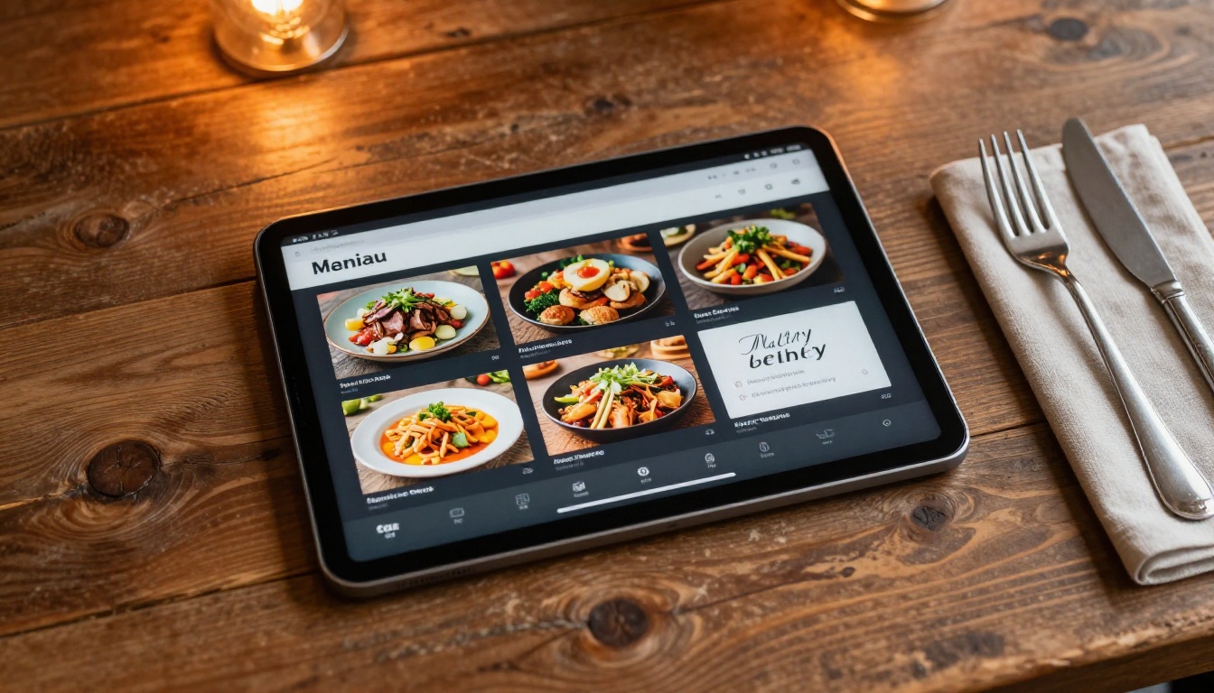 Digital restaurant menu displayed as an interactive flipbook on a tablet with warm lighting