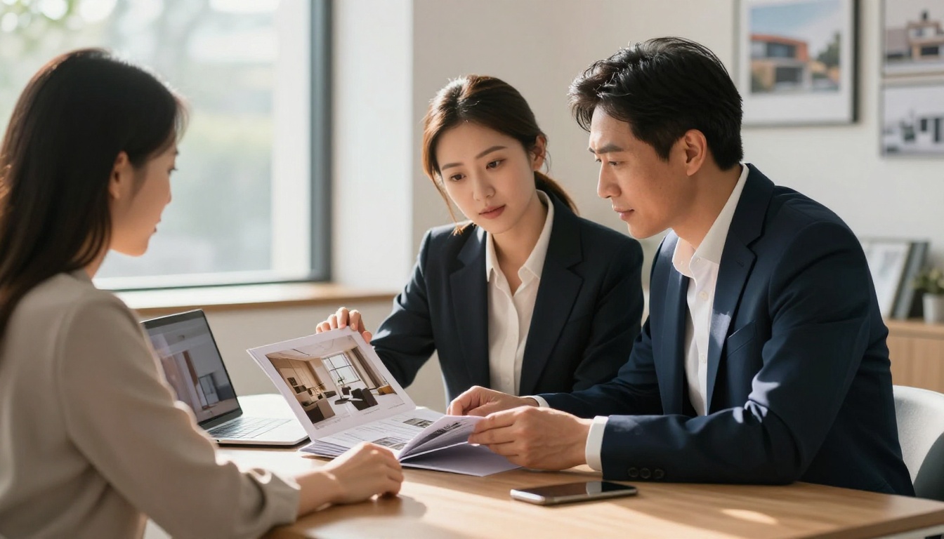 Real estate agent showing an interactive property brochure flipbook to a couple on a laptop