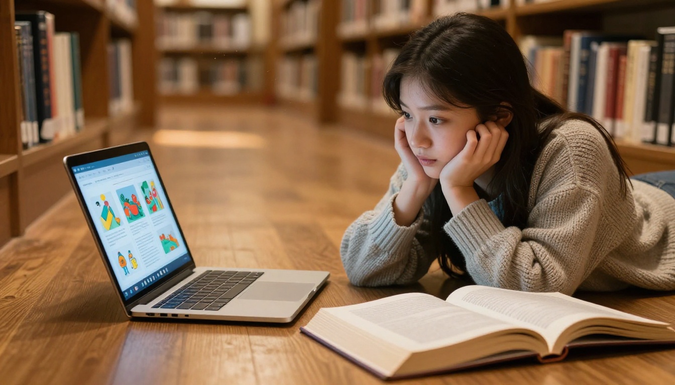 Student absorbed in reading an interactive digital textbook on a laptop in a library