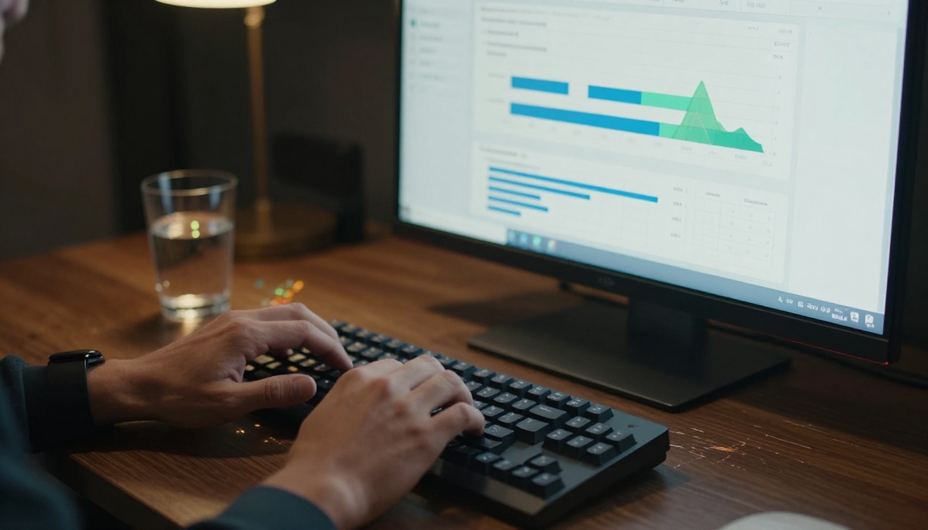 Marketing professional at a desk with an analytics dashboard showing reader retention charts