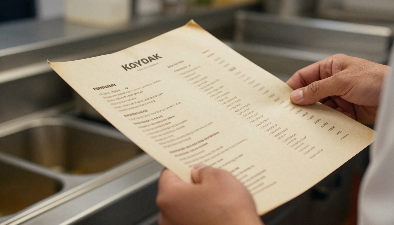 Chef holding a printed restaurant menu in a busy kitchen
