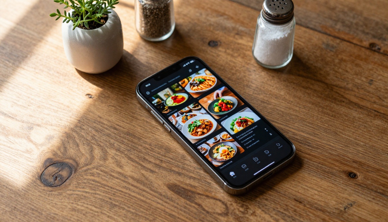 Smartphone placed on restaurant table showing digital menu with food photography