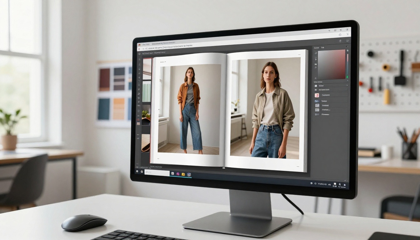 Fashion catalog displayed as an interactive flipbook on a monitor in a modern creative studio
