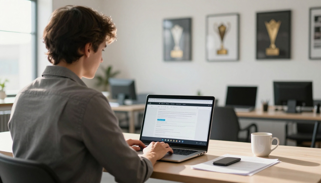 Restaurant manager uploading PDF menu to flipbook platform on laptop at office desk