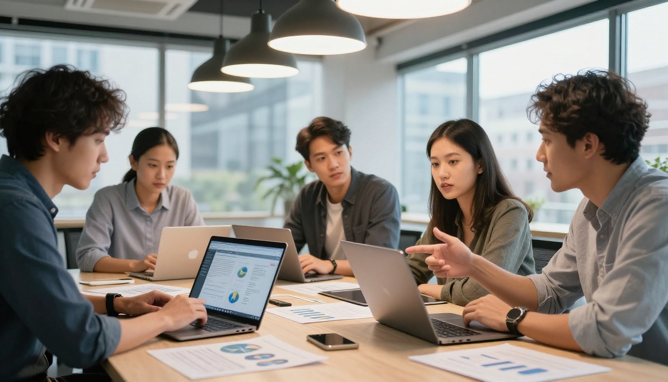 Marketing team reviewing digital reader statistics around a conference table