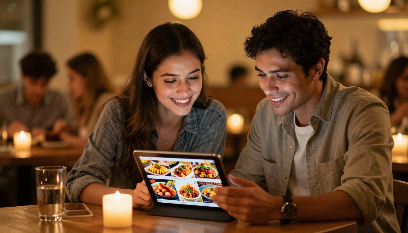 Couple at restaurant table smiling while browsing digital menu on tablet together