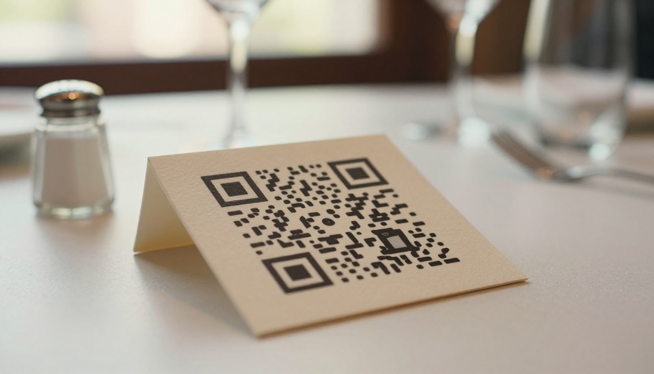 QR code card propped on restaurant table with wine glasses blurred in background