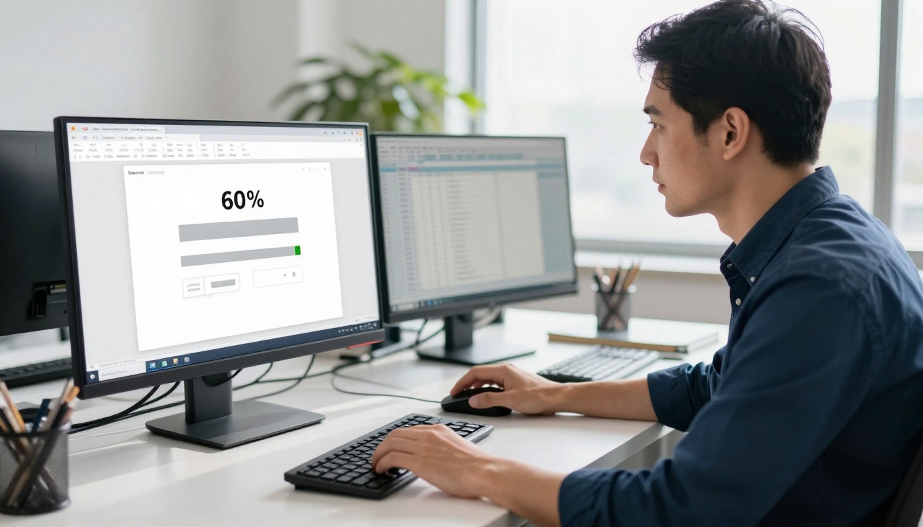 Man uploading a PDF document to a web interface on desktop monitor in modern office Man uploading a PDF document to a web interface on desktop monitor in modern office