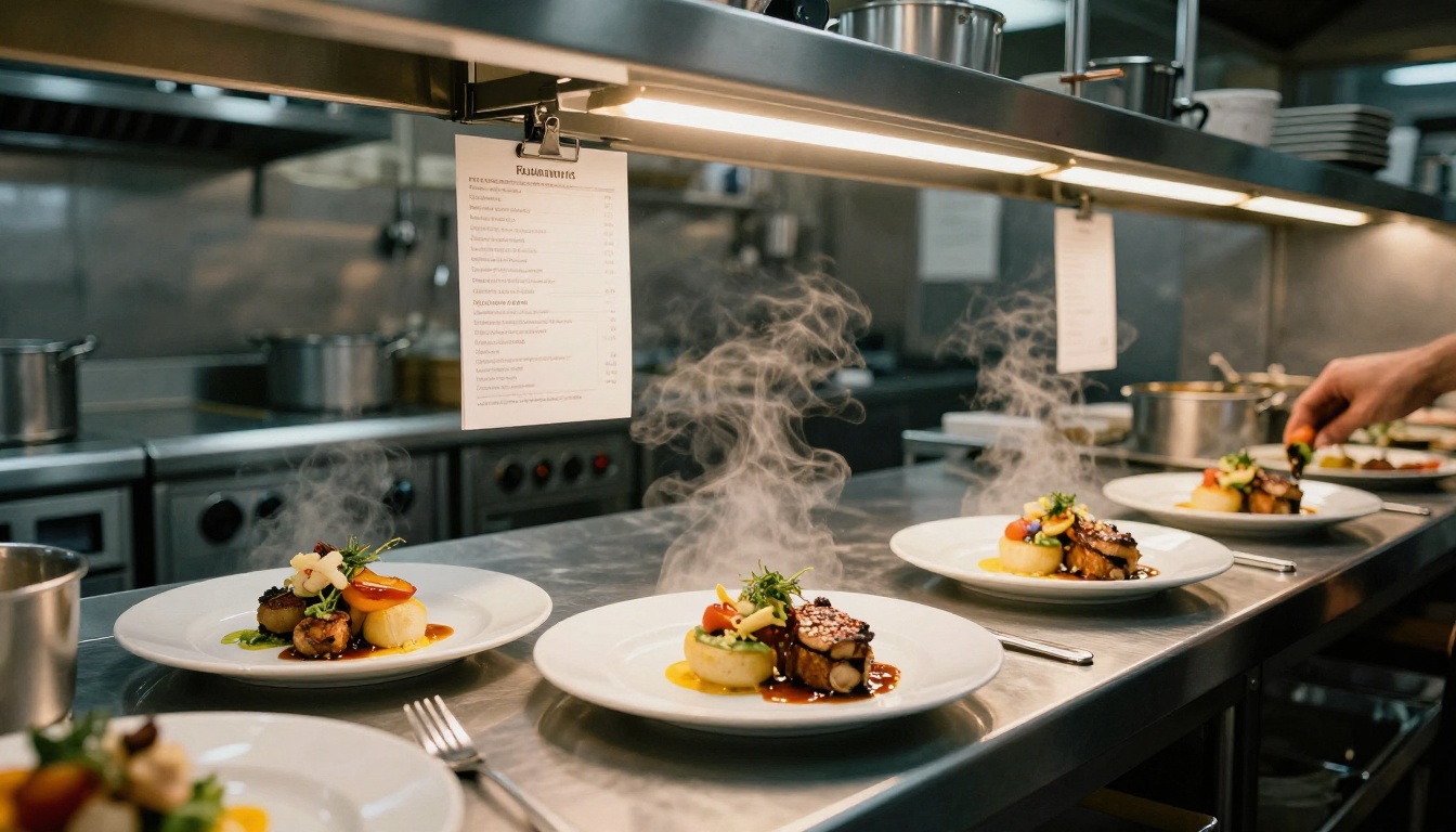 Gourmet dishes beautifully plated on kitchen pass ready for service with steam rising
