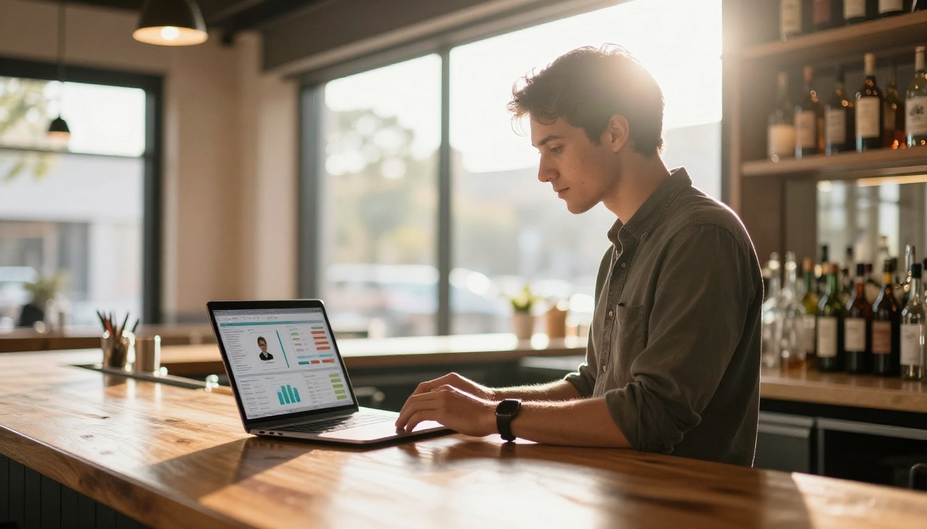 Restaurant owner standing at the bar checking analytics data on a laptop