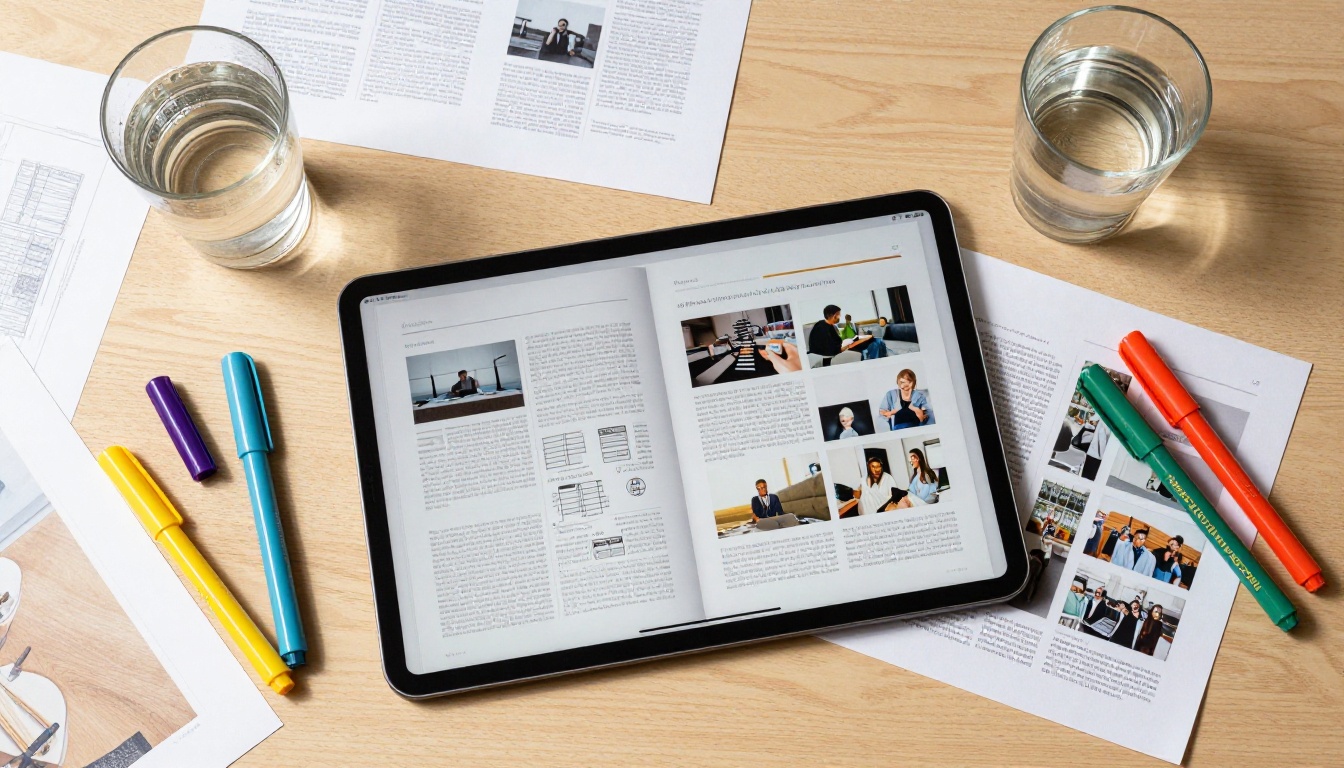 Creative workspace with tablet showing flipbook video panels, design sketches, and markers spread on birch wood desk Creative workspace with tablet showing flipbook video panels, design sketches, and markers spread on birch wood desk