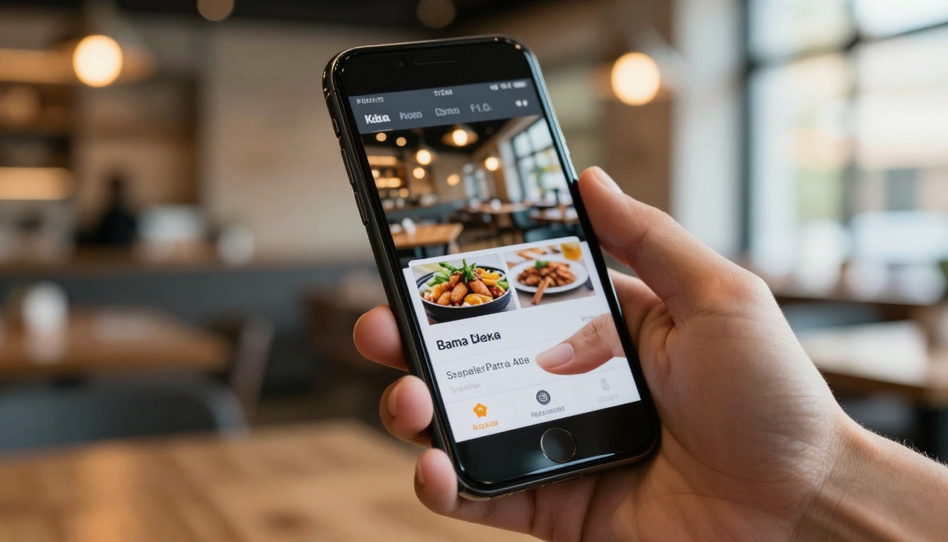 Hand holding smartphone showing restaurant menu with page-flip animation mid-swipe