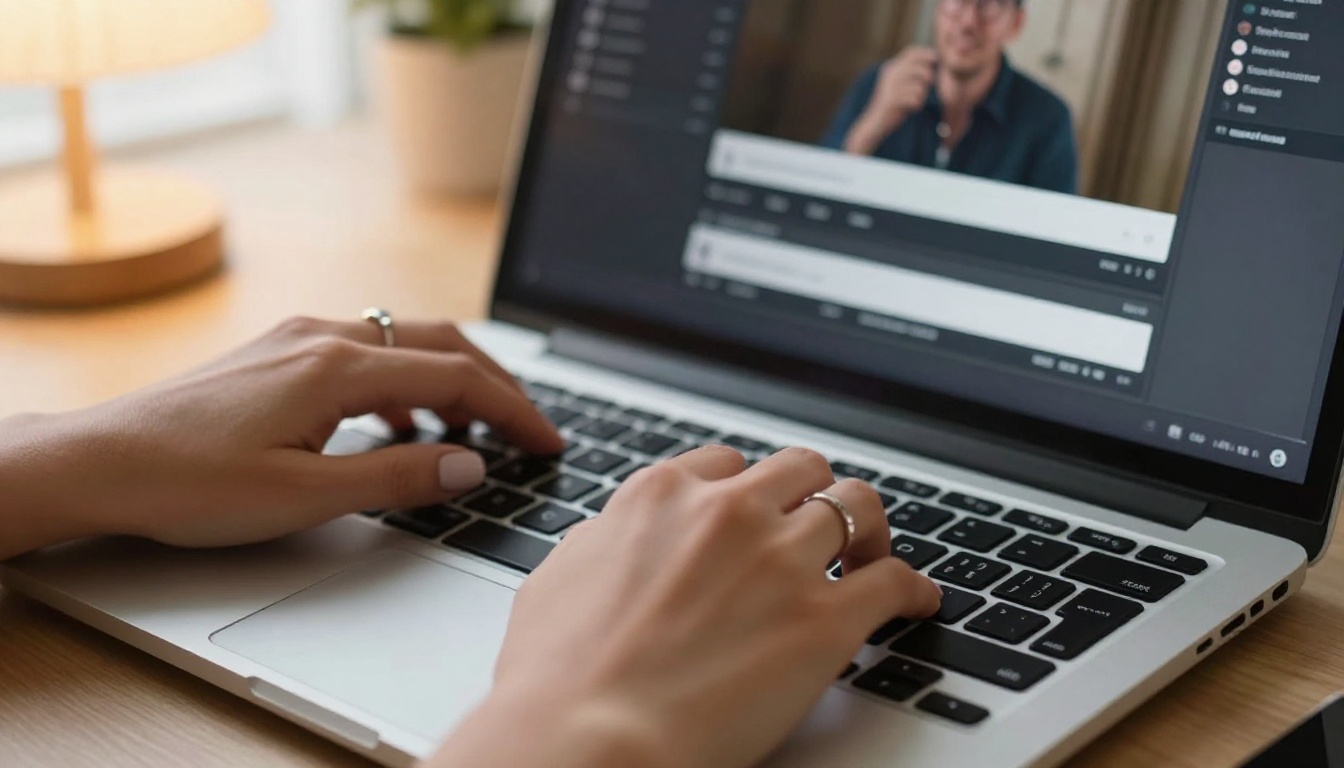 Close-up of woman's hands on laptop keyboard editing flipbook multimedia content with video embed options visible on screen Close-up of woman's hands on laptop keyboard editing flipbook multimedia content with video embed options visible on screen
