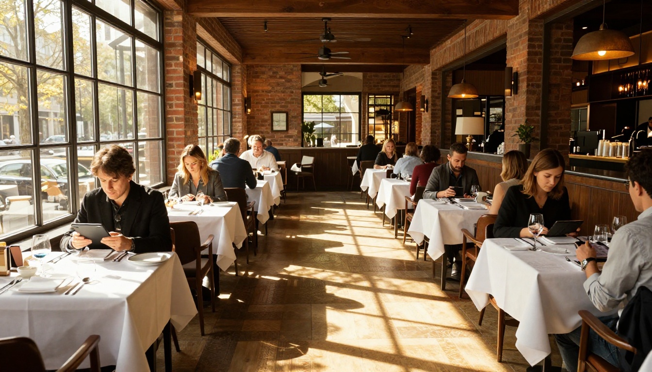 Wide shot of modern upscale restaurant dining room at lunch service with natural window light