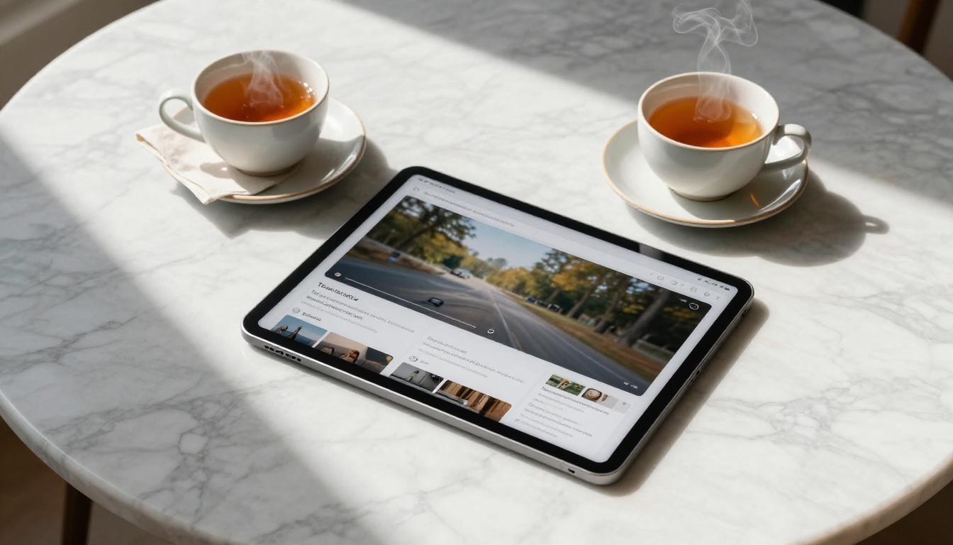 Tablet on white marble coffee table displaying digital flipbook with active video player and cup of tea beside it Tablet on white marble coffee table displaying digital flipbook with active video player and cup of tea beside it