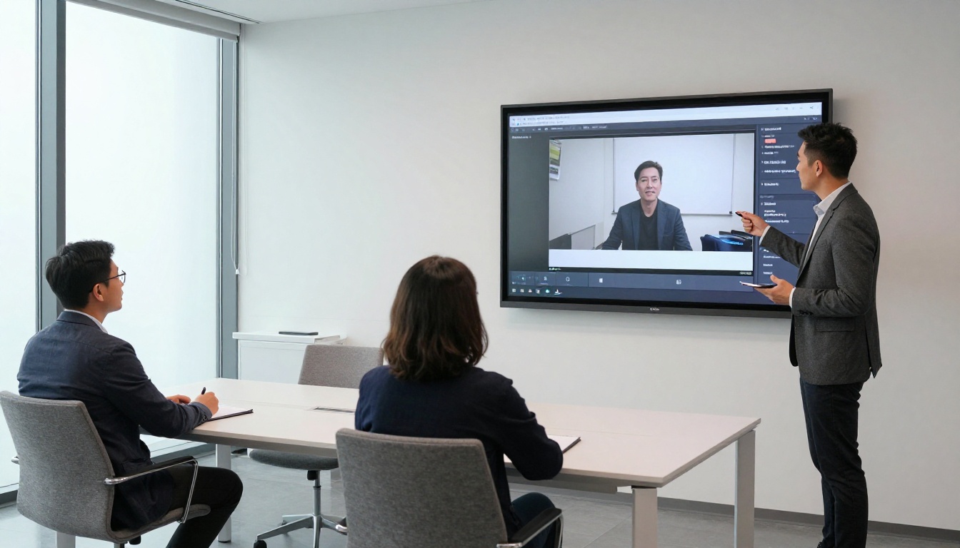 Business presentation in conference room with man showing digital flipbook with embedded video on large wall screen Business presentation in conference room with man showing digital flipbook with embedded video on large wall screen