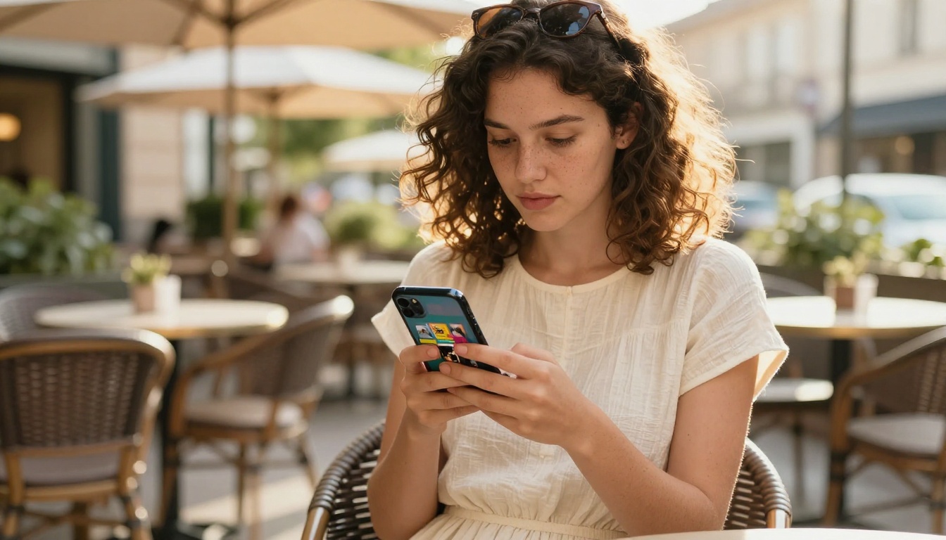 Young woman at outdoor cafe terrace browsing a digital flipbook on her smartphone in warm afternoon sunlight Young woman at outdoor cafe terrace browsing a digital flipbook on her smartphone in warm afternoon sunlight