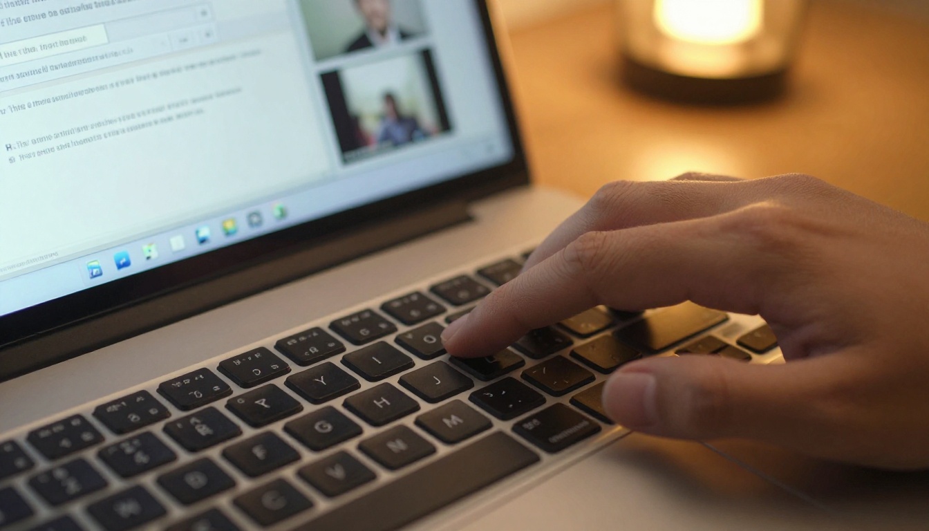 Person's index finger pressing laptop keyboard key with video embed URL input field visible on screen in background Person's index finger pressing laptop keyboard key with video embed URL input field visible on screen in background