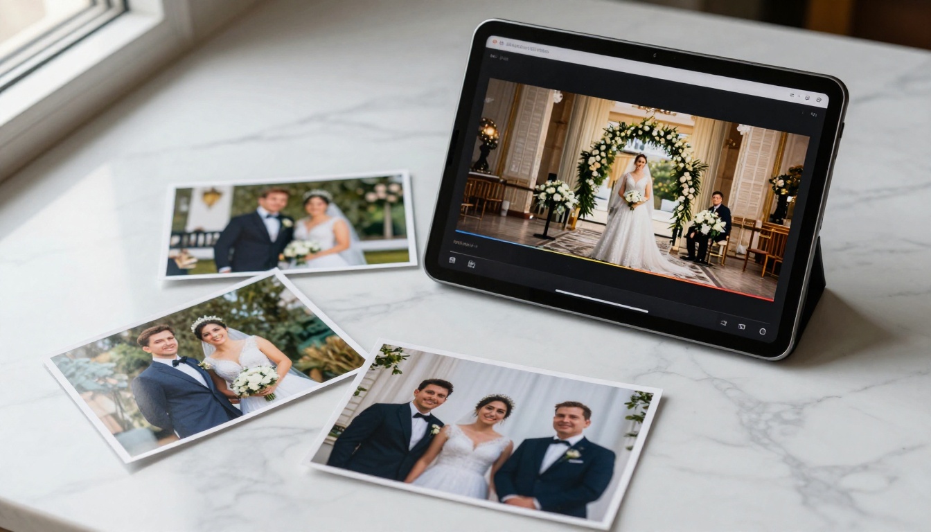 Tablet showing digital photo album flipbook with embedded wedding video clip, printed photos scattered on white marble surface Tablet showing digital photo album flipbook with embedded wedding video clip, printed photos scattered on white marble surface