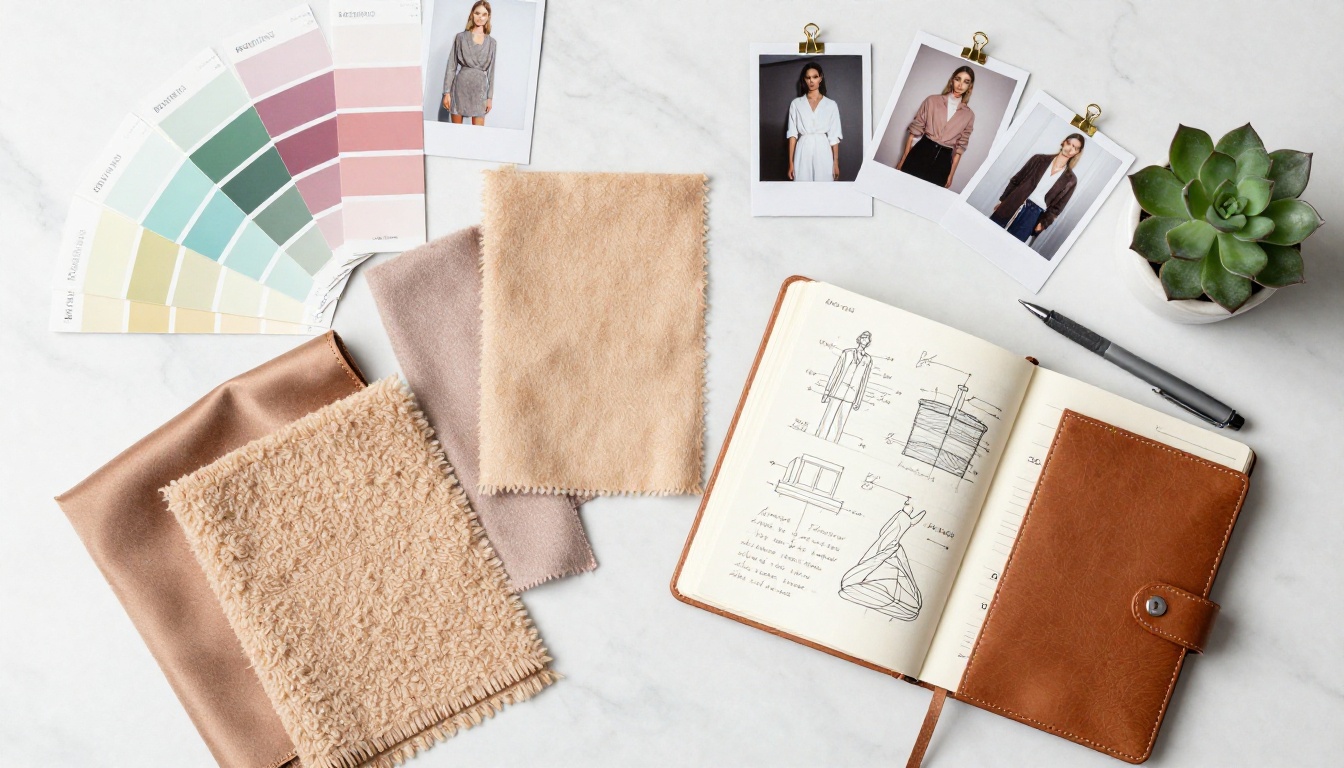 Aerial flat lay of creative planning workspace with Pantone color swatches, fabric samples, and lookbook layout sketches on marble surface