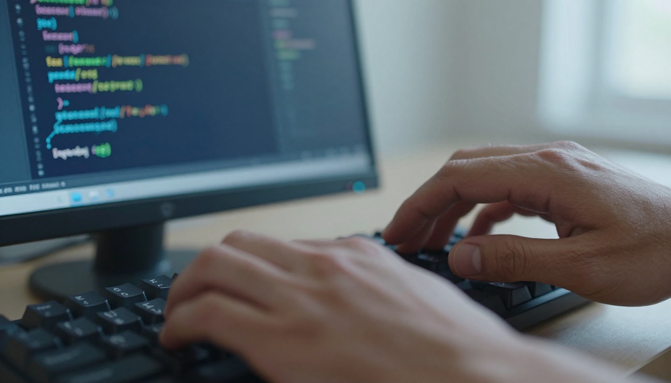Close-up of hands typing on mechanical keyboard with code editor showing HTML iframe embed code on monitor