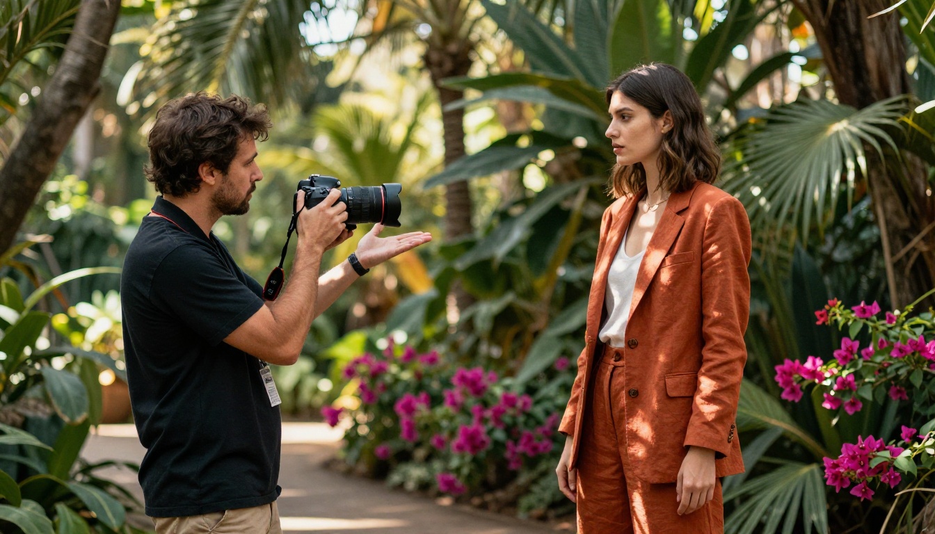 Behind-the-scenes candid of fashion photographer directing model during outdoor lookbook shoot in a sun-drenched botanical garden