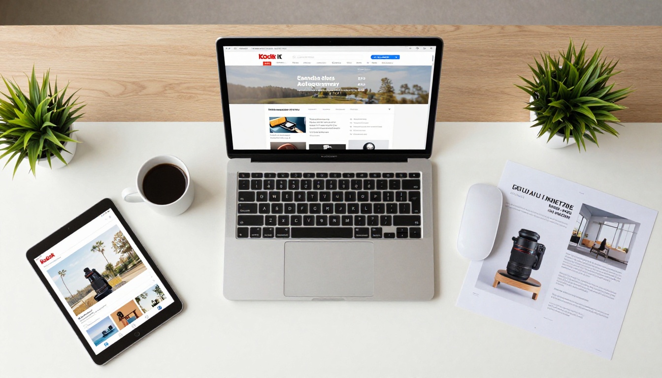 Aerial workspace with laptop and iPad showing website builder and flipbook interface