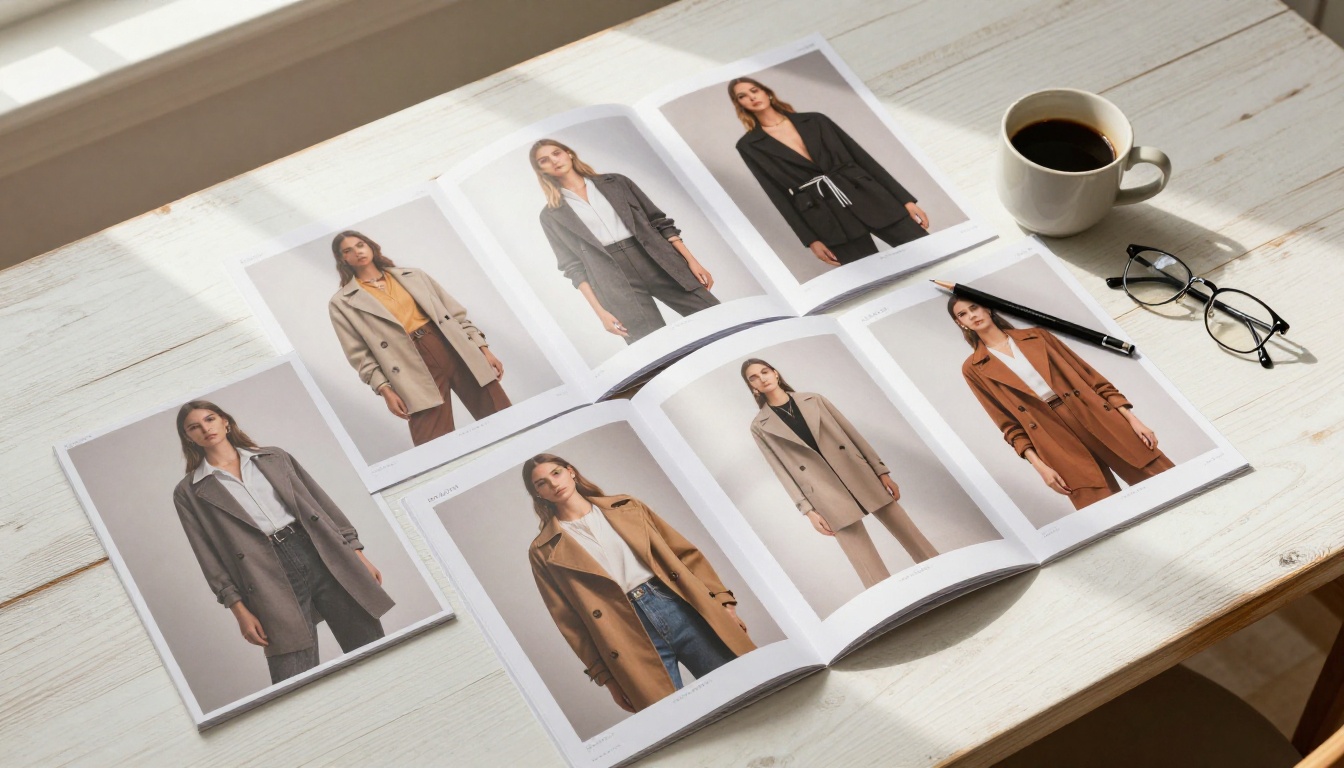Printed fashion lookbook pages spread on a warm oak wood table with a coffee cup and mechanical pencil